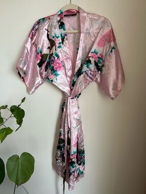 Pink Floral Satin Kimono Robe with Peacock Print